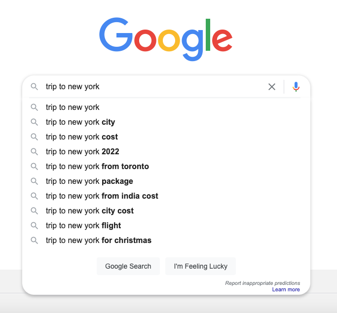 Examples of autocomplete on Google