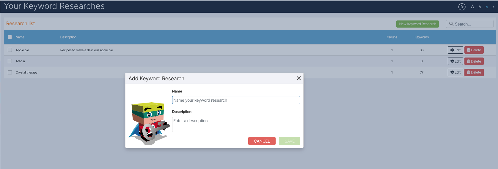 Your keyword researches: organize and manage your data