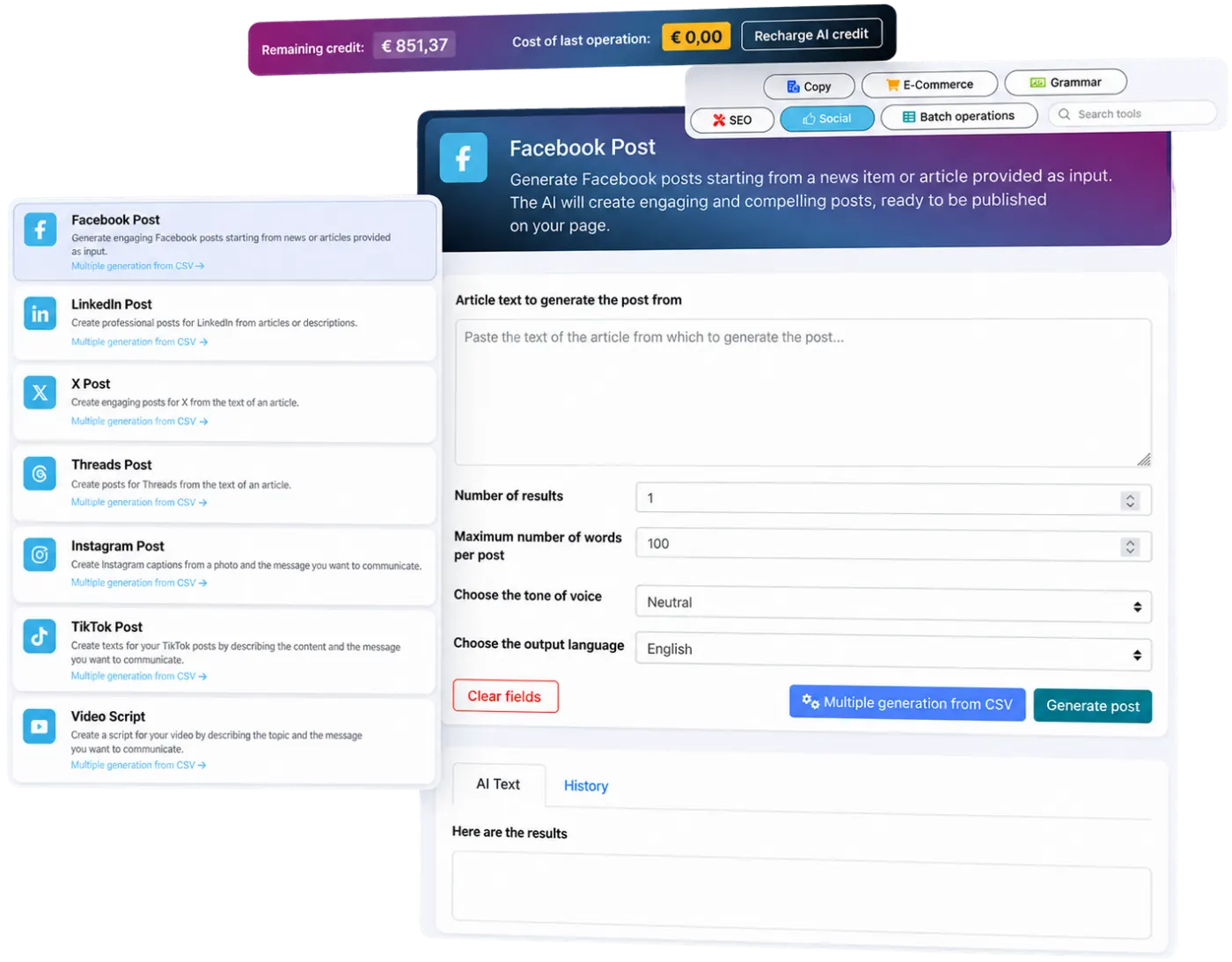 AI-generated social media content in SEOZoom